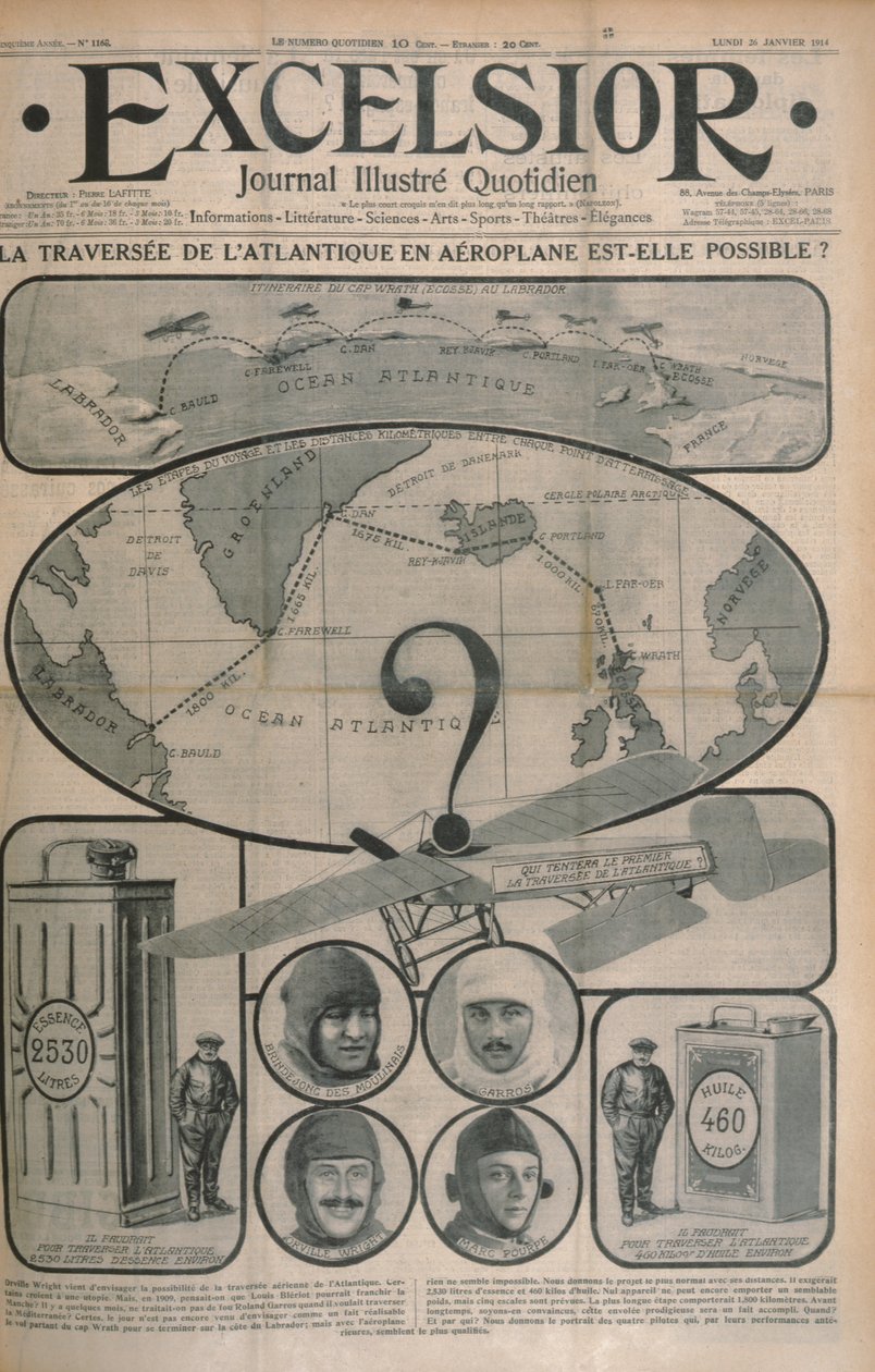 Czy przejście przez Atlantyk samolotem możliwe?, okładka magazynu Excelsior, 26 października 1914 r. autorstwa French School