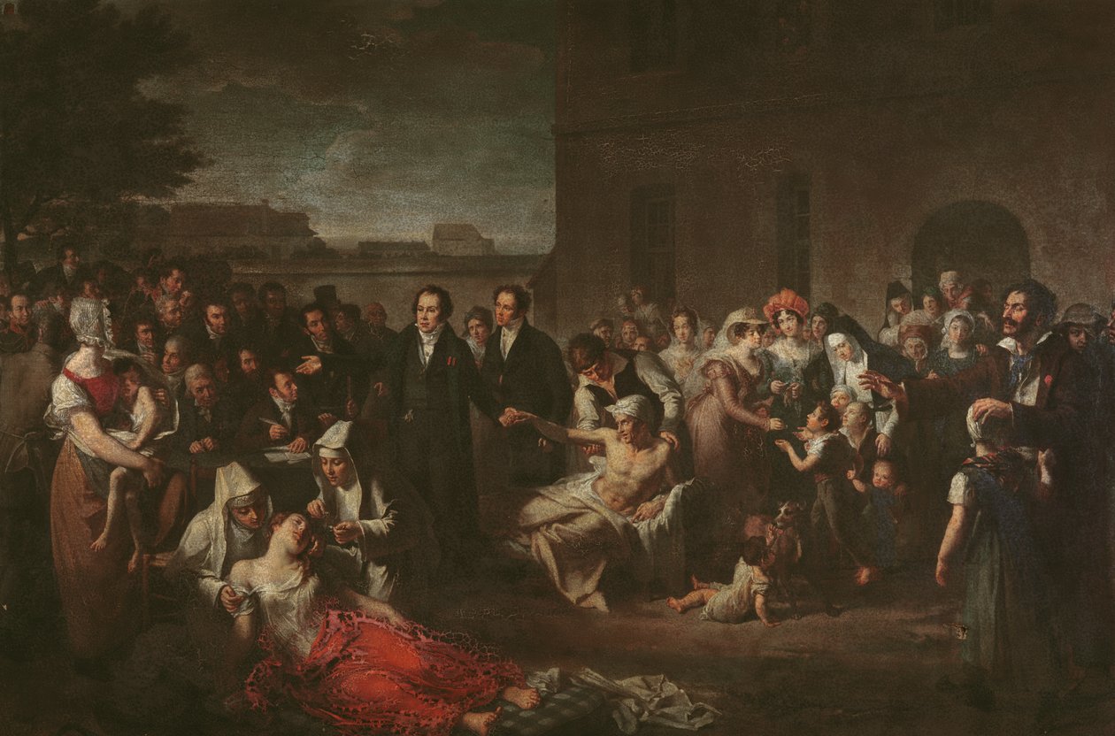 Jean-Louis Alibert leczy pacjentów z tyfusem w Hopital Saint-Louis autorstwa French School