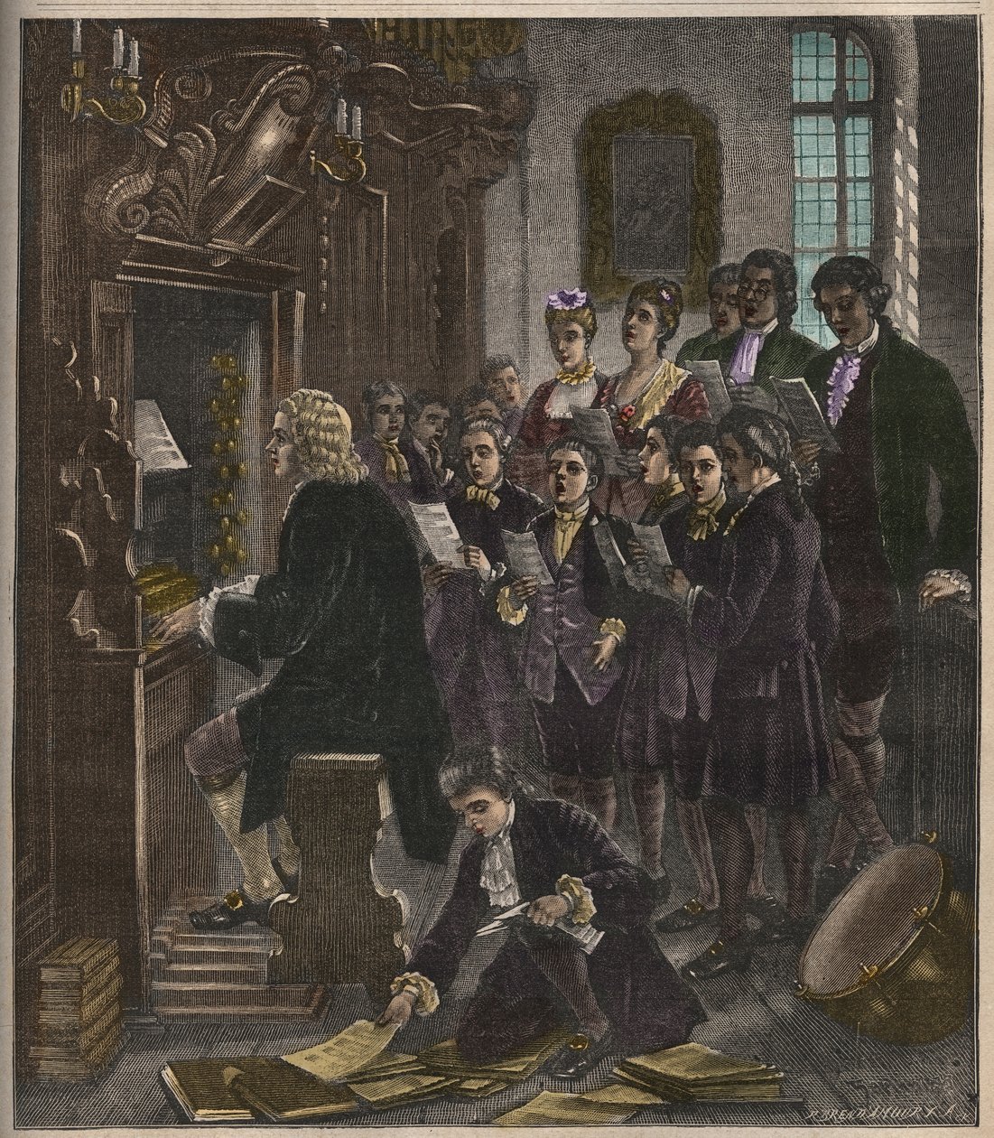 Johann Sebastian Bach grający na organach w Szkole św. Tomasza, Lipsk, ilustracja z La musique populaire, 1882 autorstwa French School