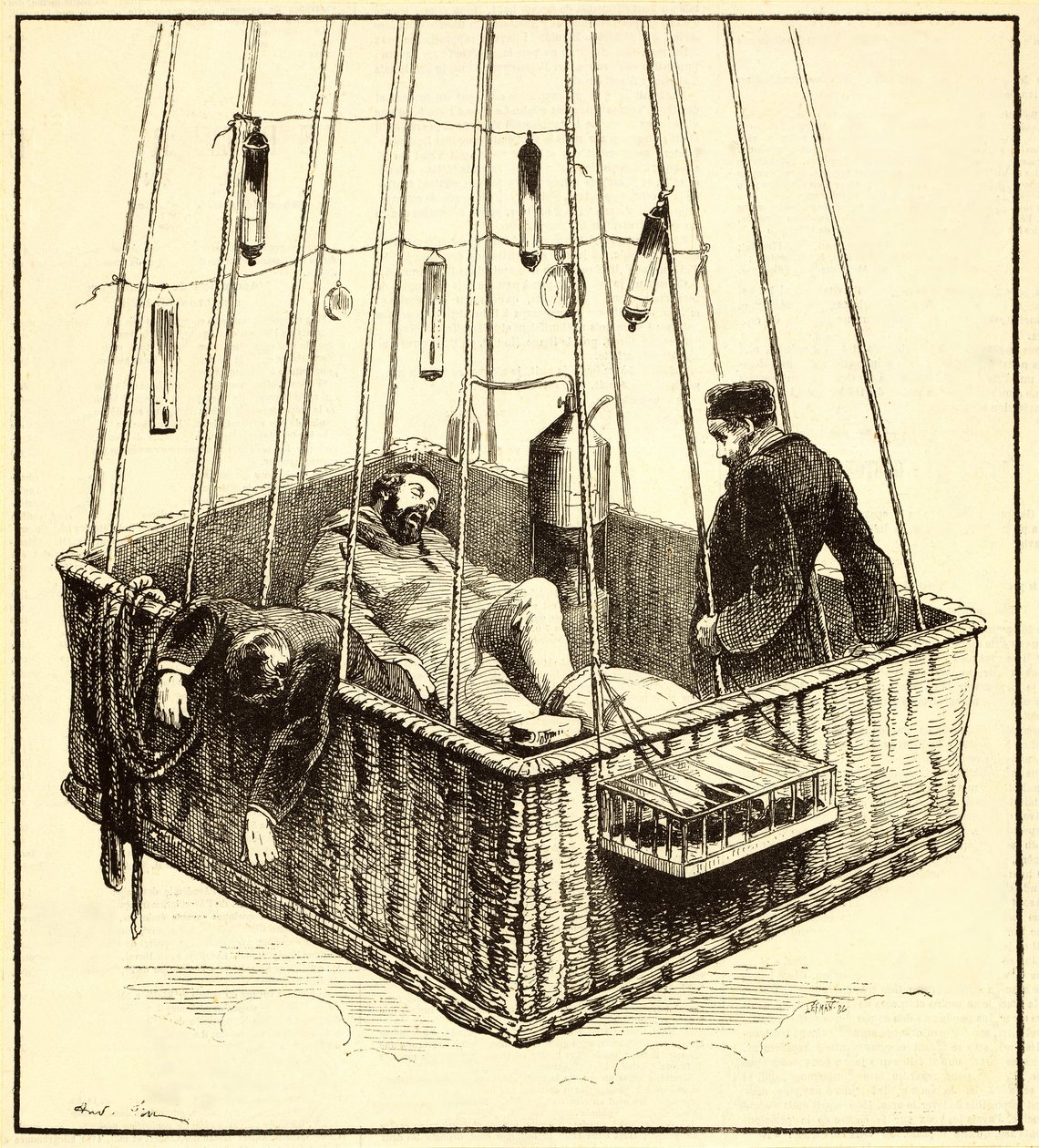 Joseph Crocé-Spinelli, Henri Sivel i Gaston Tissandier w koszu balonu, Zénith, po utracie przytomności z powodu braku tlenu po osiągnięciu wysokości prawie 28 000 stóp, w pobliżu P. autorstwa French School
