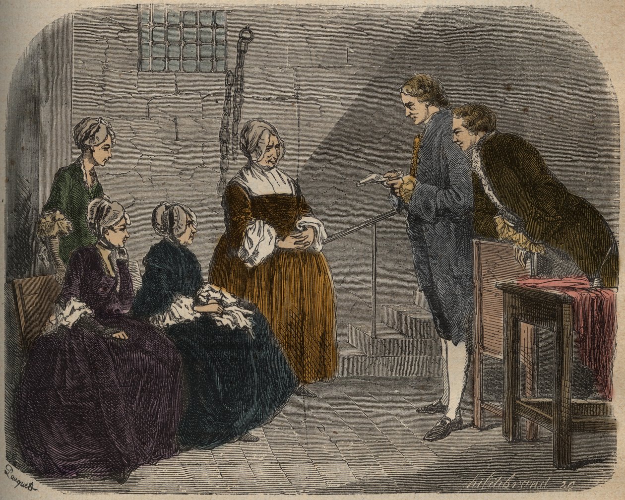 Madam Calas z dwiema córkami wysłuchuje werdyktu procesu jej męża Jeana, ilustracja z Causes celebres de tous les peuples, autorstwa Armanda Fouquiera, 1858-67 autorstwa French School