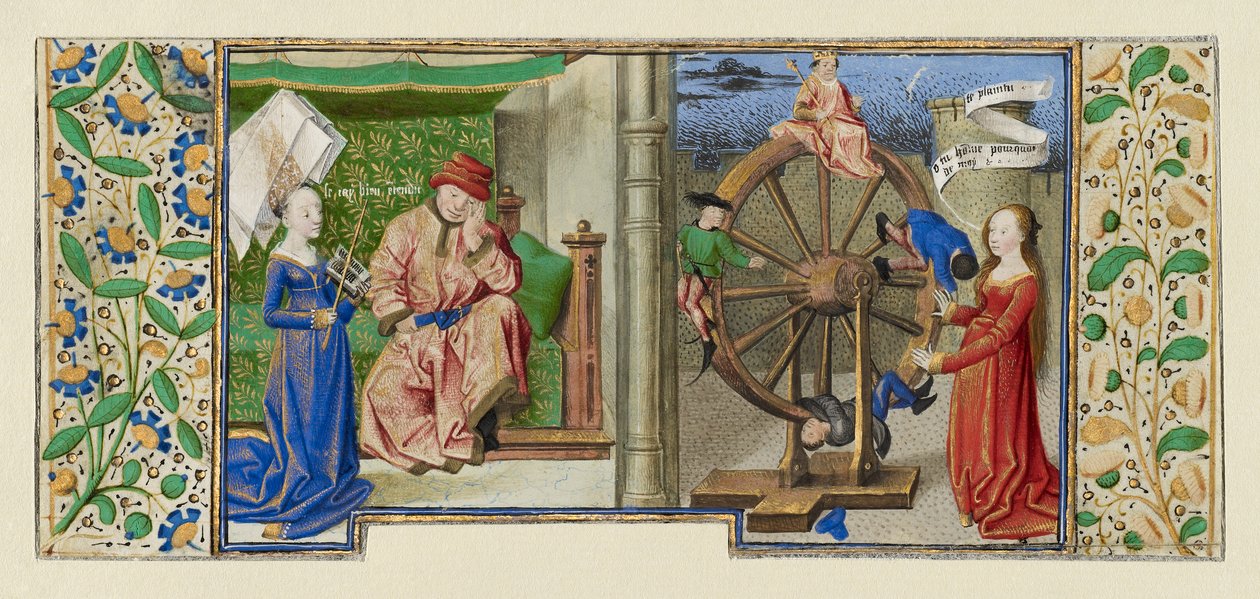 Miniatura Boecjusza, Consolation de philosophie, ok. 1460-70 (tempera, złoto płatkowe i atrament na pergaminie) autorstwa French School