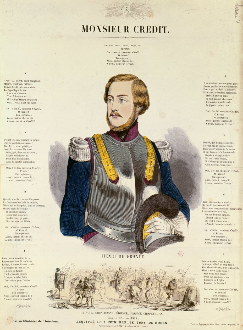 Monsieur Credit, francuska propaganda rojalistów wychwalająca Henri Charles Ferdinand Marie Dieudonne z Francji, książę Bordeaux, hrabia Chambord autorstwa French School