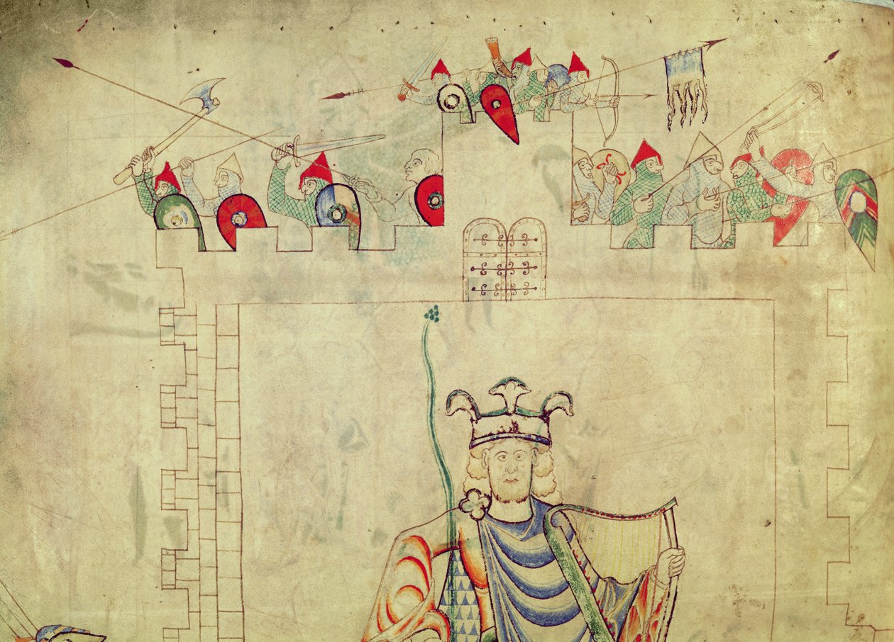 Ms 1215 t.3 fol.13v Król Dawid siedzący w majestacie w centrum Jerozolimy, szczegóły dotyczące żołnierzy na wałach, z Biblii św. autorstwa French School