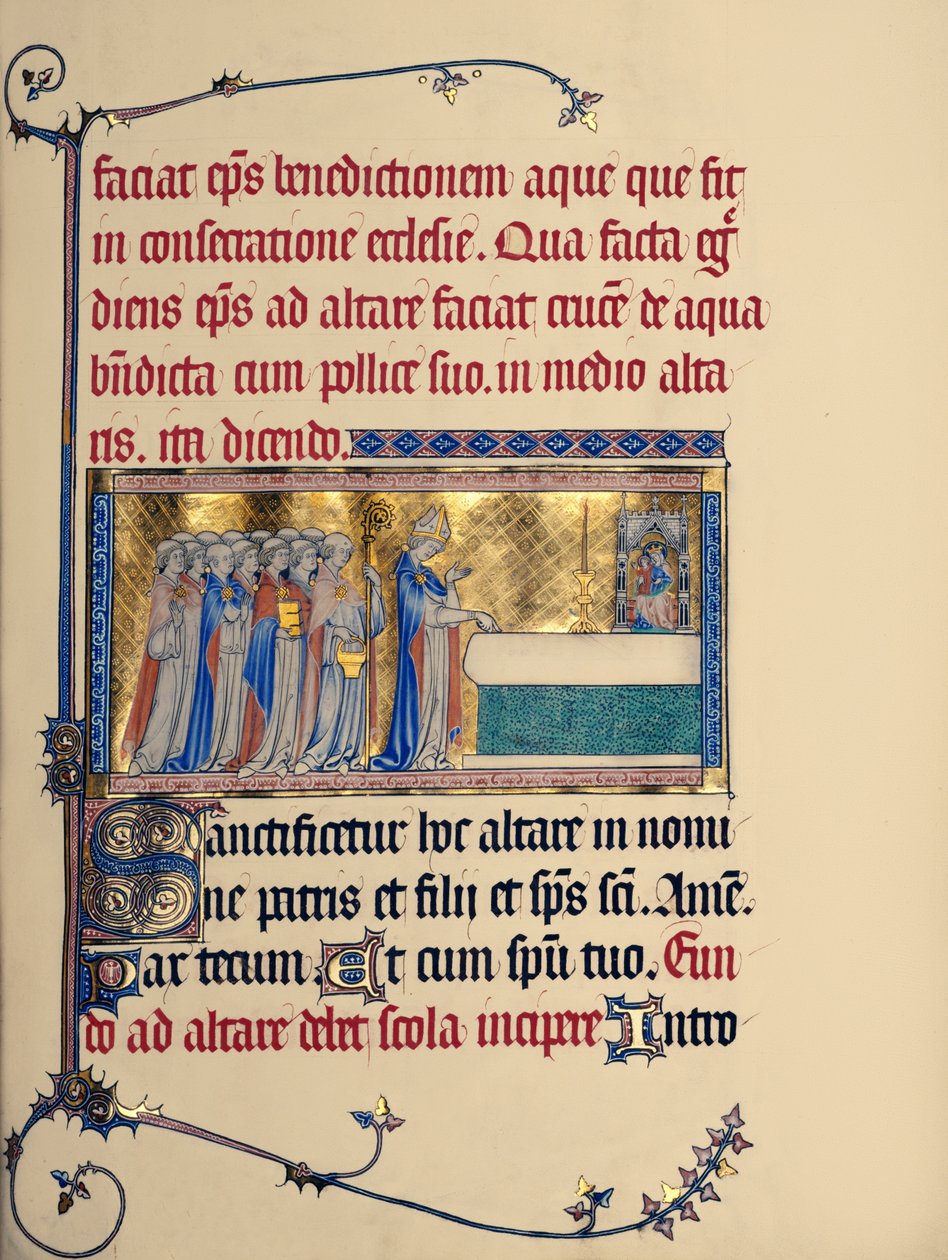 Ms 298 f.30r Poświęcenie kościoła, z pontyfikatu Metz, ok. 1302-16 (złota listka i tempera na pergaminie) autorstwa French School