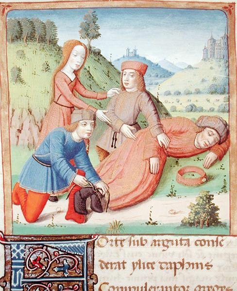 Ms 493 f.12v Śpiący Sylen jest związany przez pasterzy i Aegle, z Eklog Wergiliusza z komentarzem Serwiusza, 1469 autorstwa French School