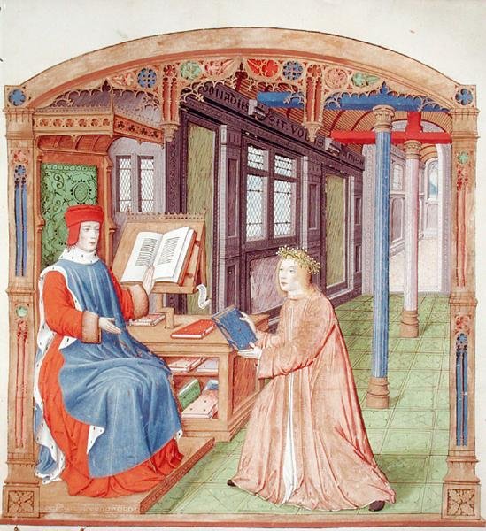 Ms 493 fol.19 Wergiliusz (70-19 pne) ofiarowując swoją książkę Mecenasowi, z Eklog Wergiliusza z komentarzem Serwiusza, 1469 autorstwa French School