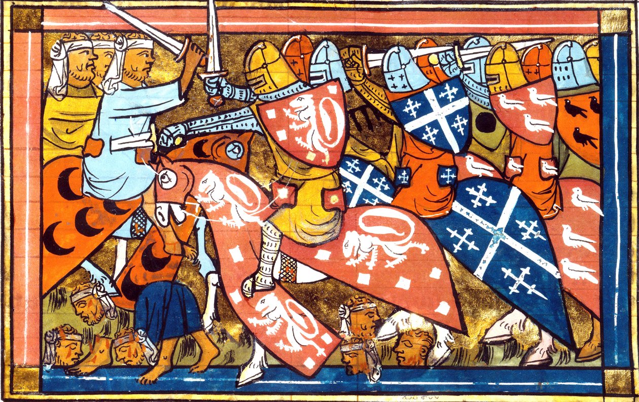 Ms FR 22495 f.265v Bitwa pod Damiettą w Egipcie w latach 1218-1219 podczas piątej krucjaty (1217-1221) z Historii Guillaume de Tyr, 1337 autorstwa French School