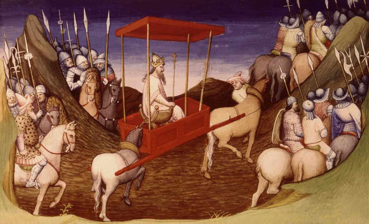Pani Fr 2810 f.204, Wielki Chan przybywający ze swoją eskortą, z Livre des Merveilles du Monde, ok. 1410-12 (tempera na welinie) autorstwa French School