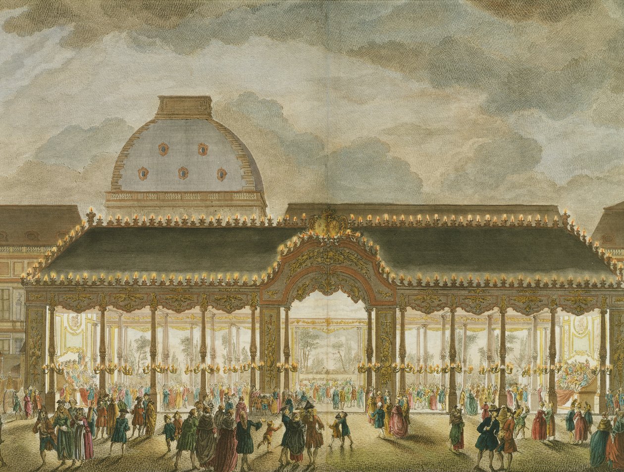 Widok perspektywiczny Sali Karuzeli, zbudowanej z okazji ślubu Monseigneur Le Dauphin (detal z 174858), rytowany przez Oubrier (rycina kolorowa) autorstwa French School
