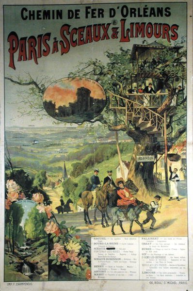 Plakat reklamujący Chemin de Fer dOrleans od Paryża do Sceaux i Limours autorstwa French School
