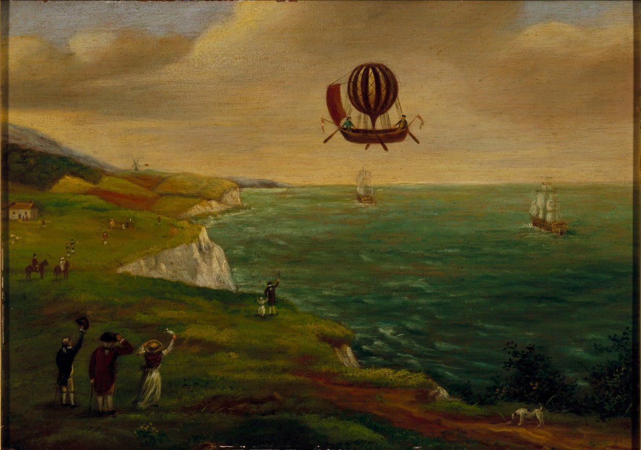 Pierwsze przejście balonem przez kanał La Manche, 7 stycznia 1785, ok. 1785 autorstwa French School