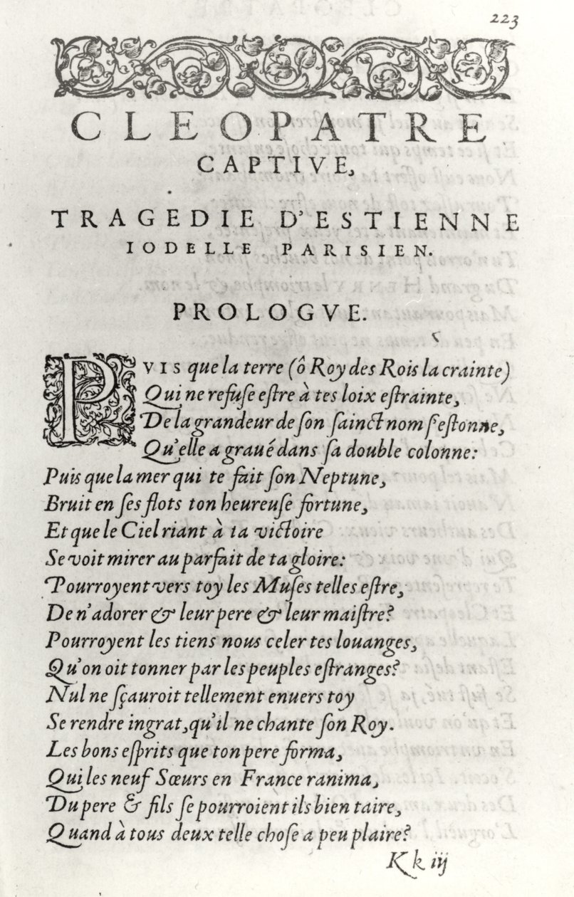 Strona tytułowa jeńca Kleopatry — Etienne Jodelle (1532-73) 1574 autorstwa French School