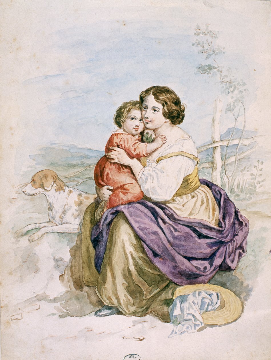 Kobieta z dzieckiem (wc na papierze) autorstwa French School