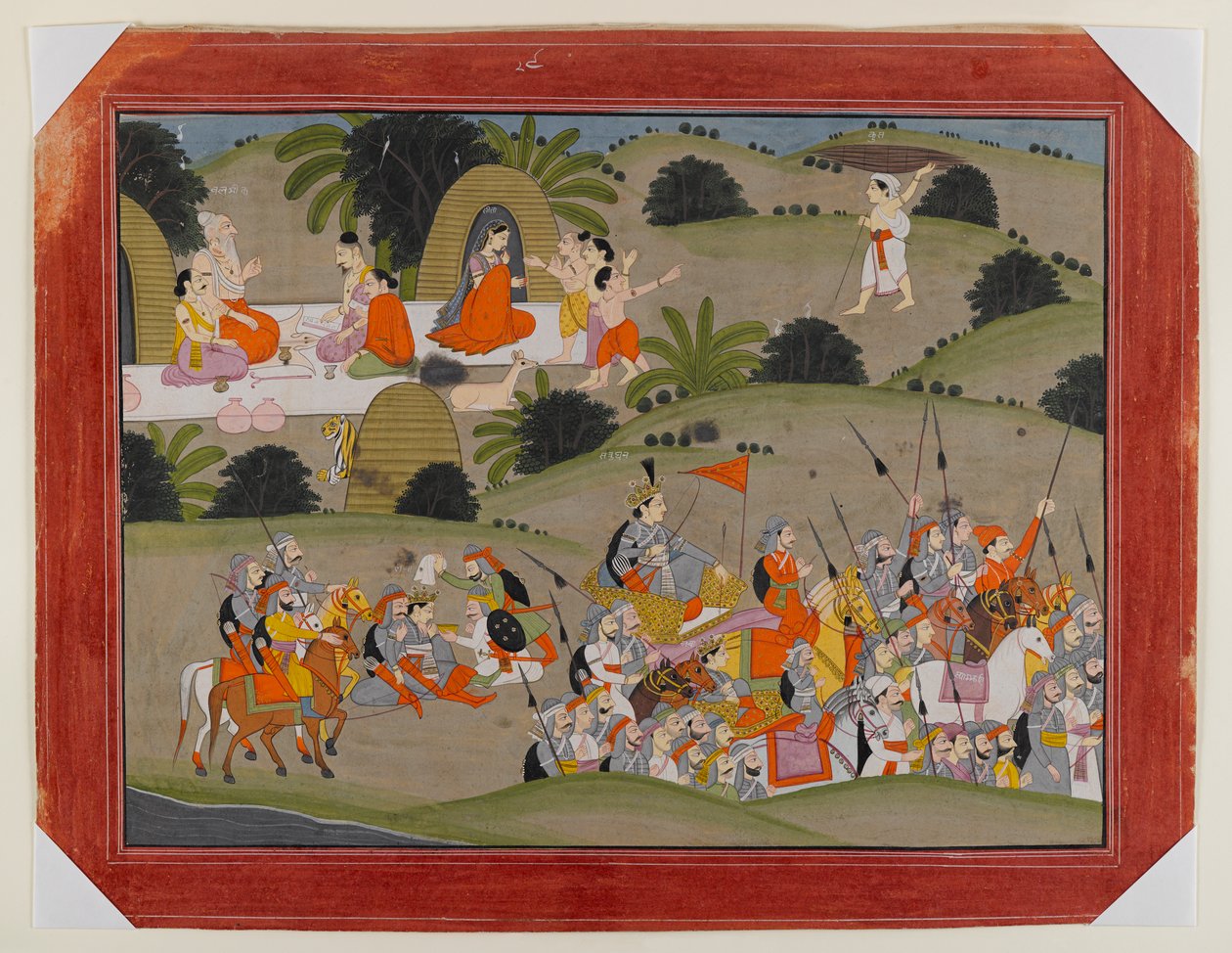 Bitwa między Lavą a bratem Ramasa, Shatrughną, w pobliżu pustelni Valmiki, Page z rozproszonej serii Ramajany, ok. 1820 (nieprzezroczysta toaleta i złoto na papierze) autorstwa Indian School