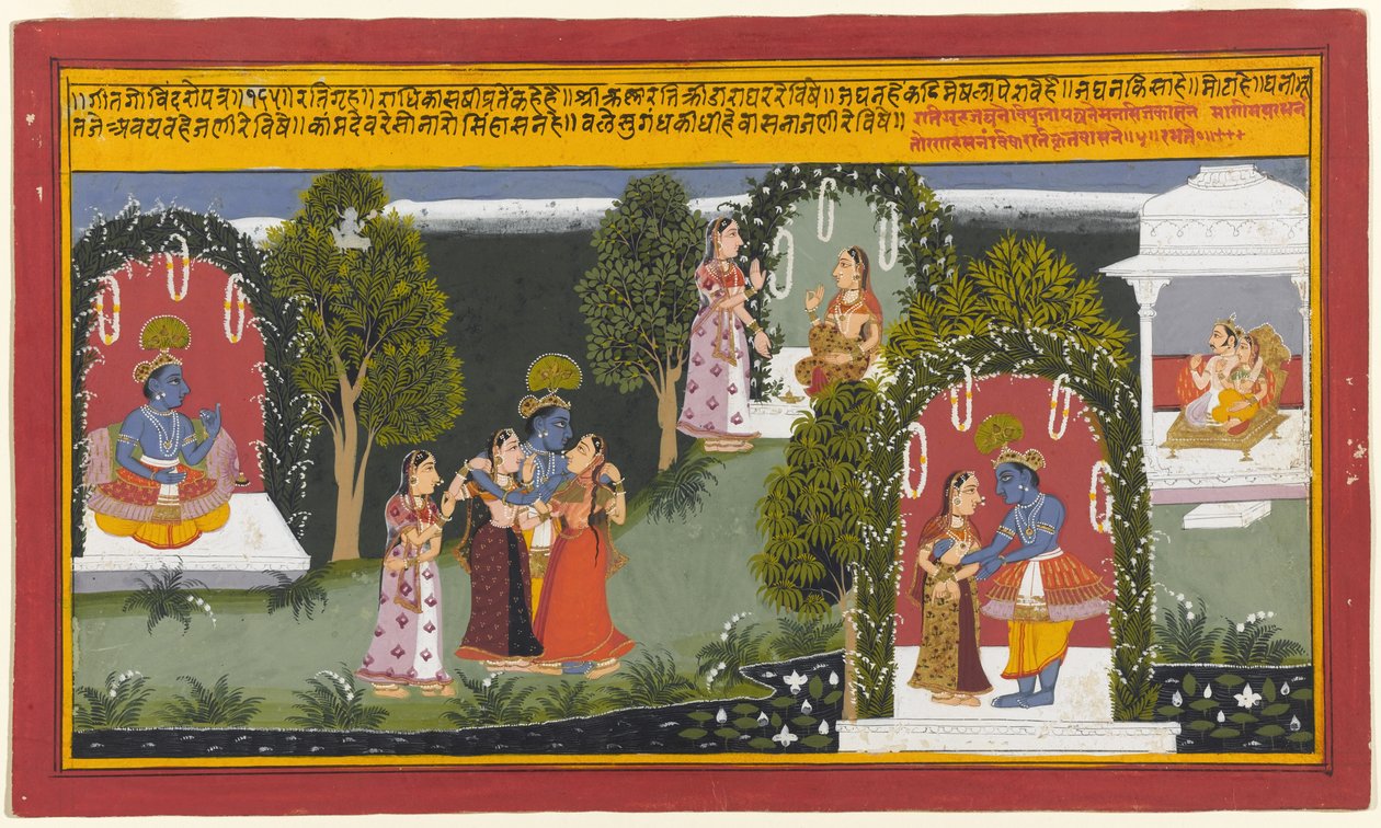 Kama i Rati świadkami spotkania Krishny i Radhy, strona z serii Gita Govinda, 1714 (nieprzezroczysta toaleta i złoto na papierze) autorstwa Indian School