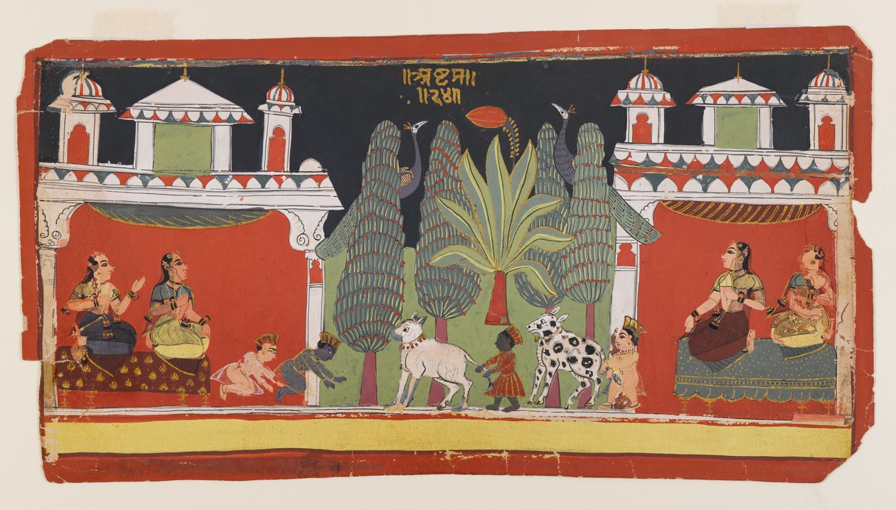Kryszna i Balarama jako dzieci, ok. 1690 (nieprzezroczysta toaleta i złoto na papierze) autorstwa Indian School