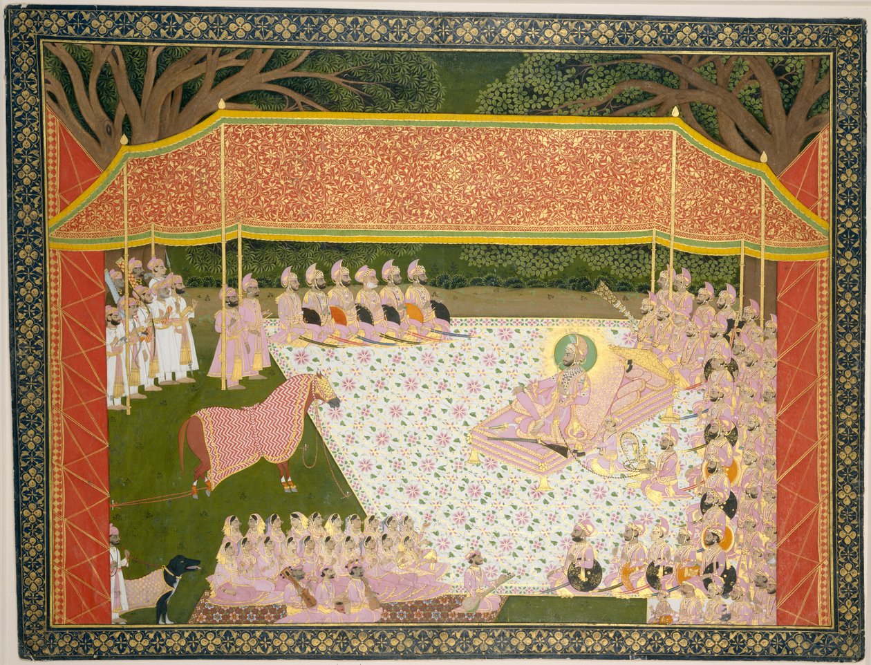 Maharana Sarup Singh sprawdza ogiera-nagrodę, 1845-46 (toaleta, atrament i złoto na papierze) autorstwa Indian School