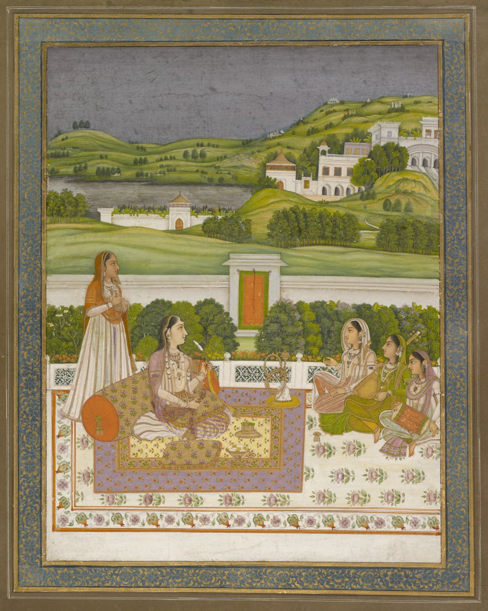 Księżniczka słuchająca muzyki, 1775-80 (gwasz ze złotem i srebrem na papierze) autorstwa Indian School