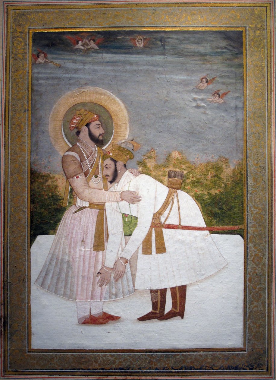 Shah Jahan obejmujący swojego syna Aurangzeba, ok. 1750 (gwasz i złoto) autorstwa Indian School
