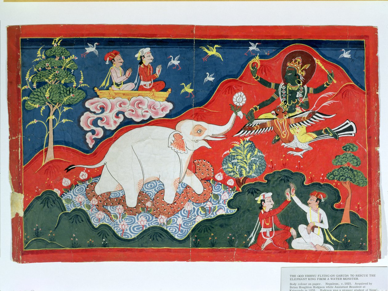 Bóg Wisznu lecący na Garudę, aby uratować króla słoni z potwora wodnego, Nepal, ok. 1825 r. autorstwa Indian School
