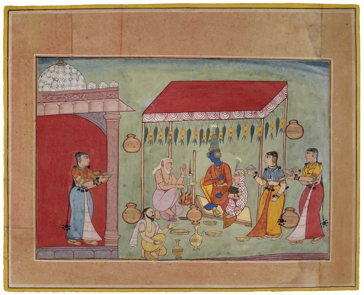 Krišnos ir Rukmini santuoka, 1590-1600 (guašas su auksu ant popieriaus) autorstwa Indian School
