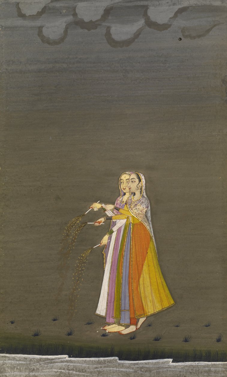Dwie Nautch Girls with Sparklers nad strumieniem w noc festiwalu Diwali, styl Bikaner, 1790-1800 (liść albumu; gwasz ze srebrem i złotem na papierze) autorstwa Indian School