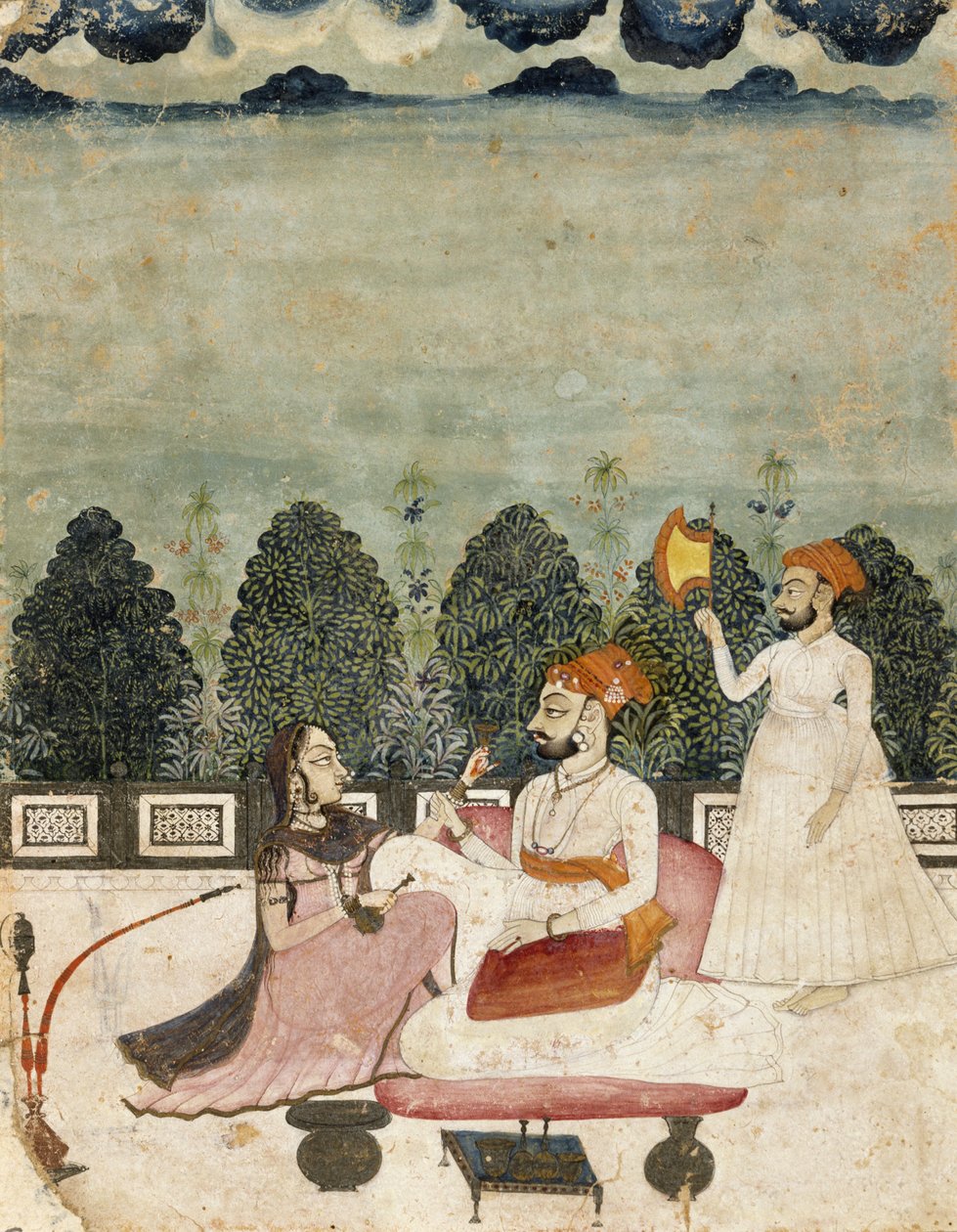Be pavadinimo (du vyrai ir moteris terasoje), 1700 (tempera ant popieriaus)poli autorstwa Indian School