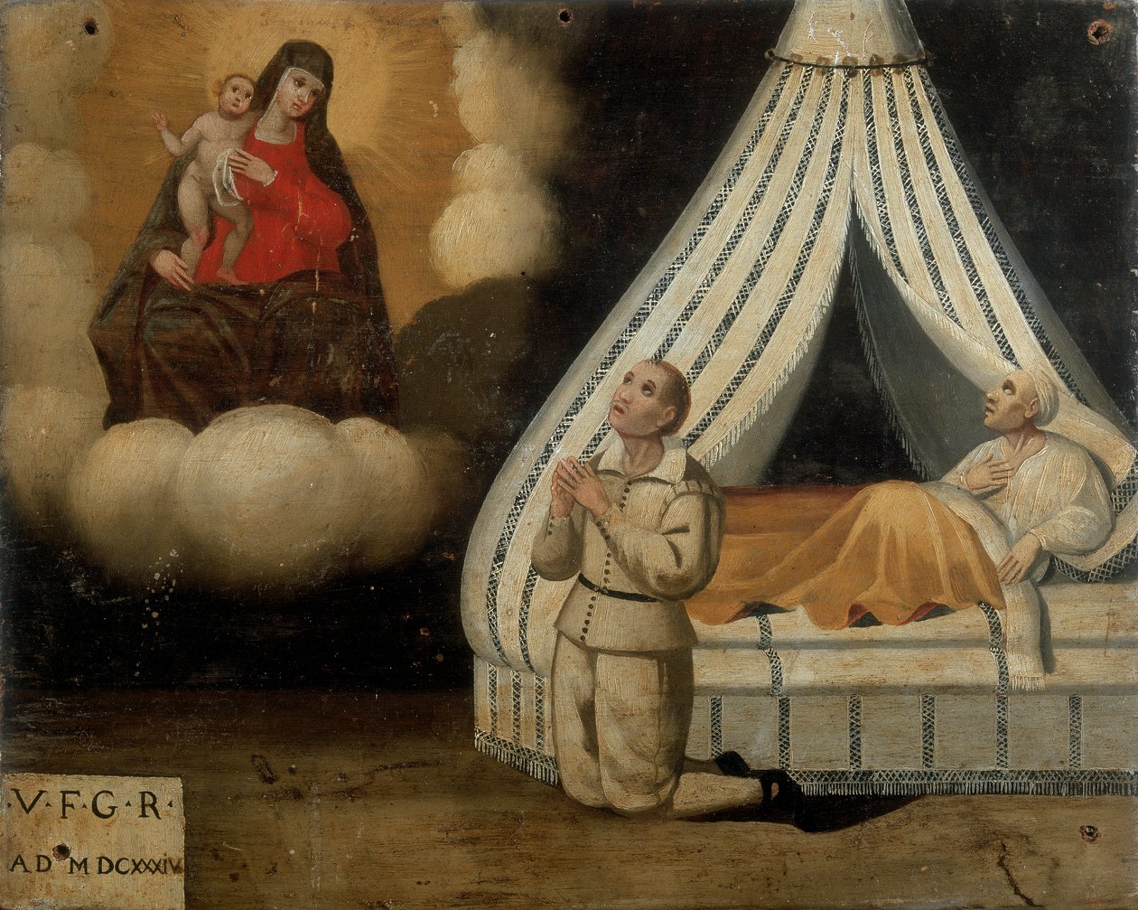 Mężczyzna w łóżku podczas choroby; po lewej ten sam człowiek modlący się do Madonny na Łuku o otrzymaną łaskę, Ex-voto, 1603 autorstwa Italian School