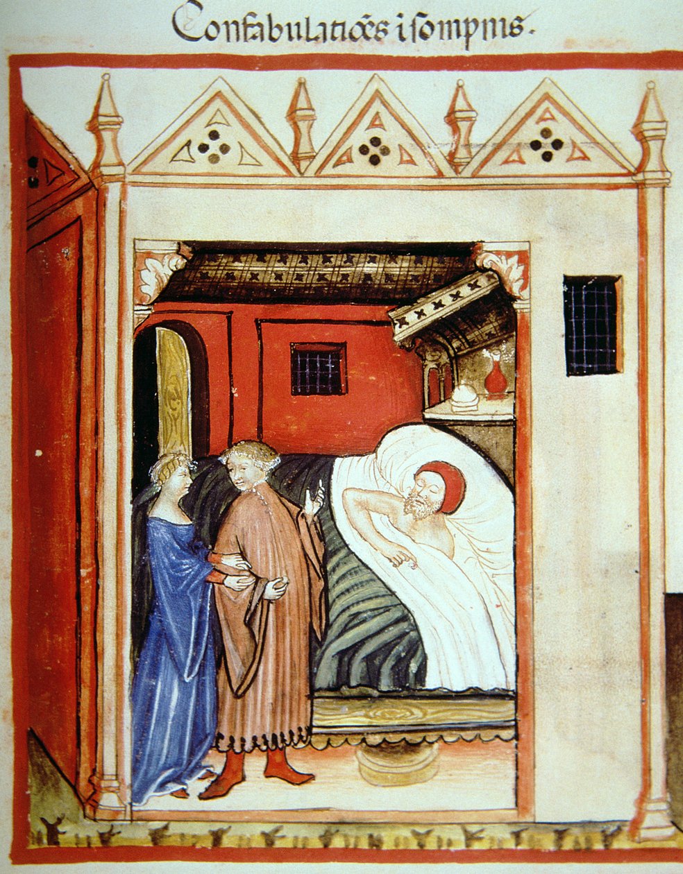 Fol.101v Rozmowa we śnie, ilustracja z Tacuinum Santiatis Codex Vindobonensis autorstwa Italian School