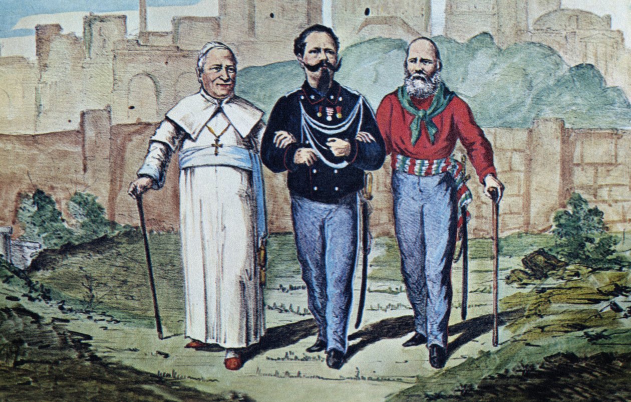Trójca doskonała: papież Pius IX, Wiktor Emanuel II i Garibaldi, 1870 (druk akwarelowy) autorstwa Italian School