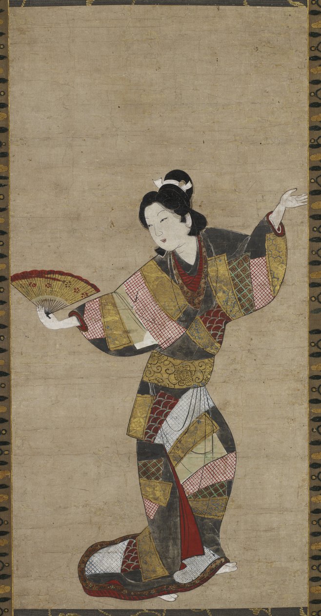 Tancerka z Wachlarzem, ok. godz. 1640-1650 (atrament, kolor, złoto i biała muszla na papierze) autorstwa Japanese School