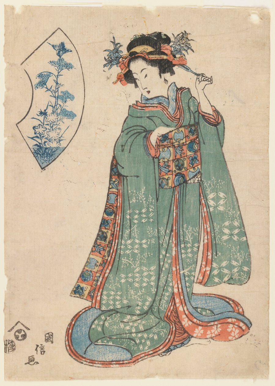 Kuninobu, Kobieta spinająca ozdobę do włosów, ok. 1815-1820 (drewnodruk) autorstwa Japanese School