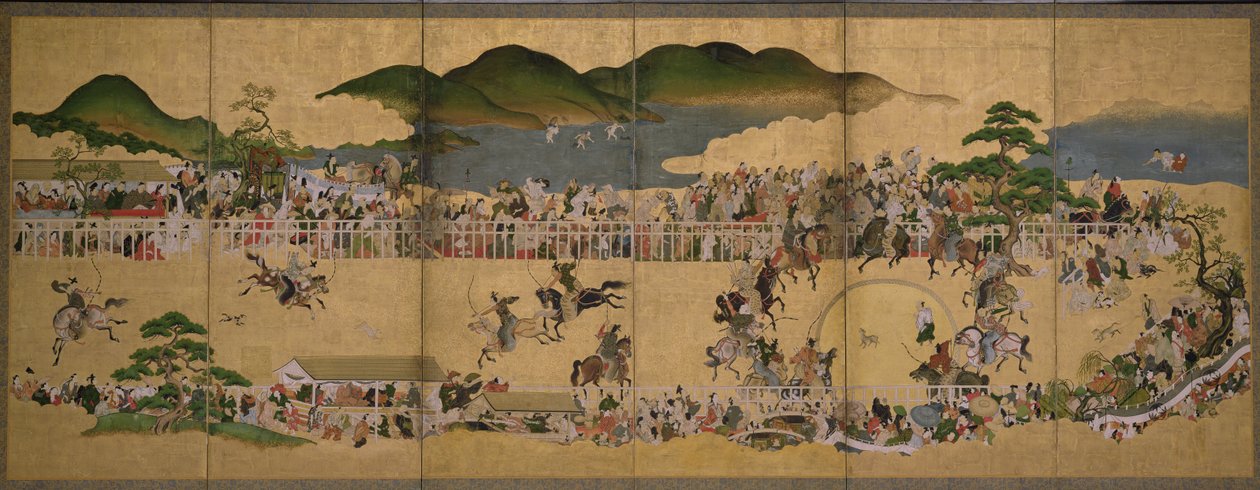 Sześciokrotny ekran przedstawiający konkurs w pogoni za psem, japoński, 1624-43 (atrament, farba i złoto na papierze) autorstwa Japanese School