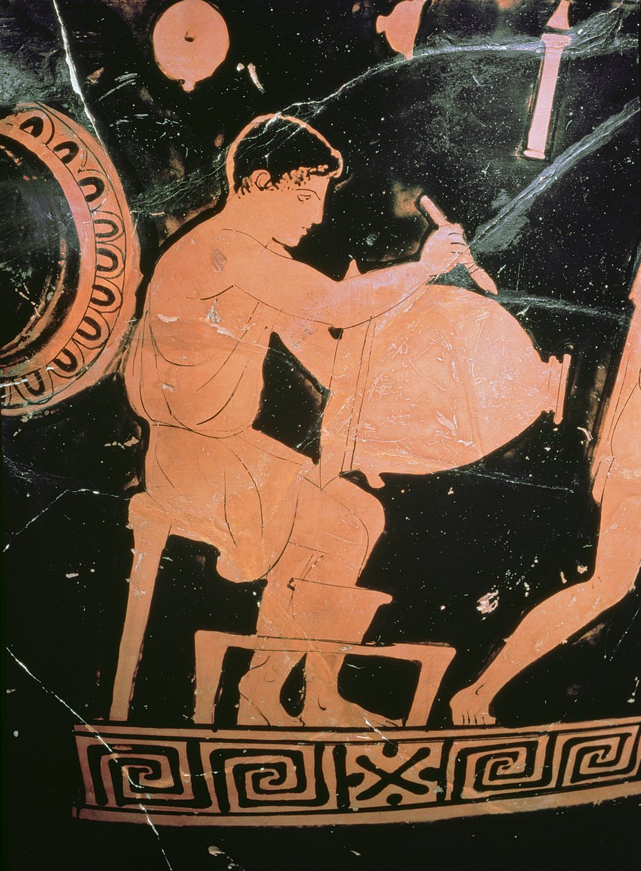 Czerwonofigurowy dzwon-krater na poddaszu, detal przedstawiający garncarza malującego dzwon-krater, ok. 430-425 pne (ceramika) (szczegół z 100556) autorstwa Komaris Painter