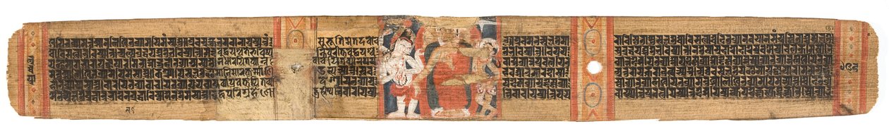 Folio 126b Zstąpienie Buddów z Nieba, z Astasahasrika Prajnaparamita (atrament i kolory na liściach palmowych i drewnie) (szczegóły patrz 430763) autorstwa Nepalese School