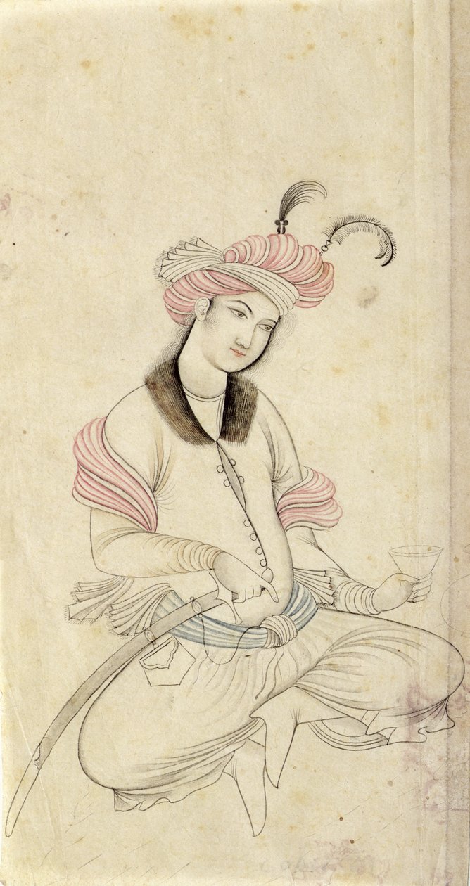 Młody perski, trzymający kielich z winem, a drugą ręką na rękojeści miecza, według oryginału z Isfahanu z początku XVII wieku, ok. 1825-35 (pióro, atrament i pranie na papierze) autorstwa Persian School