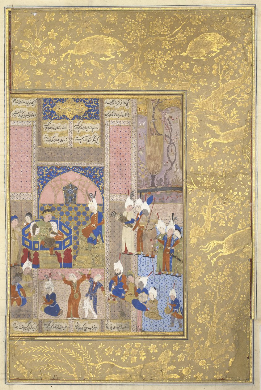 Aleksander ucztujący z cesarzem Chin, ok. 1525-50 (tusz, wc i złoto na welonie) autorstwa Persian School