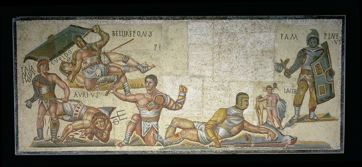 Bitwa gladiatorów, 320 AD (mozaika) autorstwa Roman