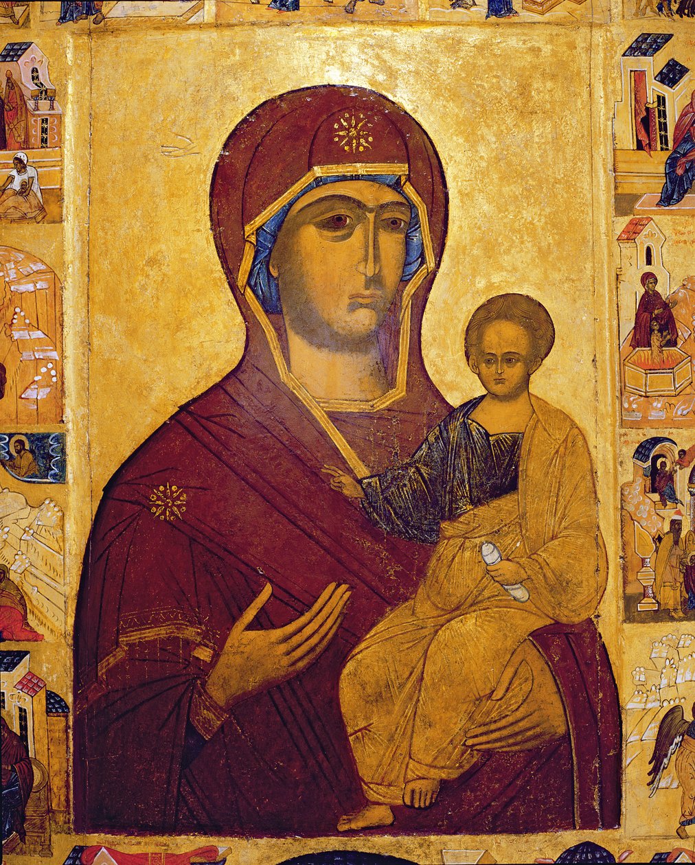 Ikona przedstawiająca Dziewicę z Dzieciątkiem, ok. 1550 (tempera i złote liście na płycie) (detal z 314500) autorstwa Russian School