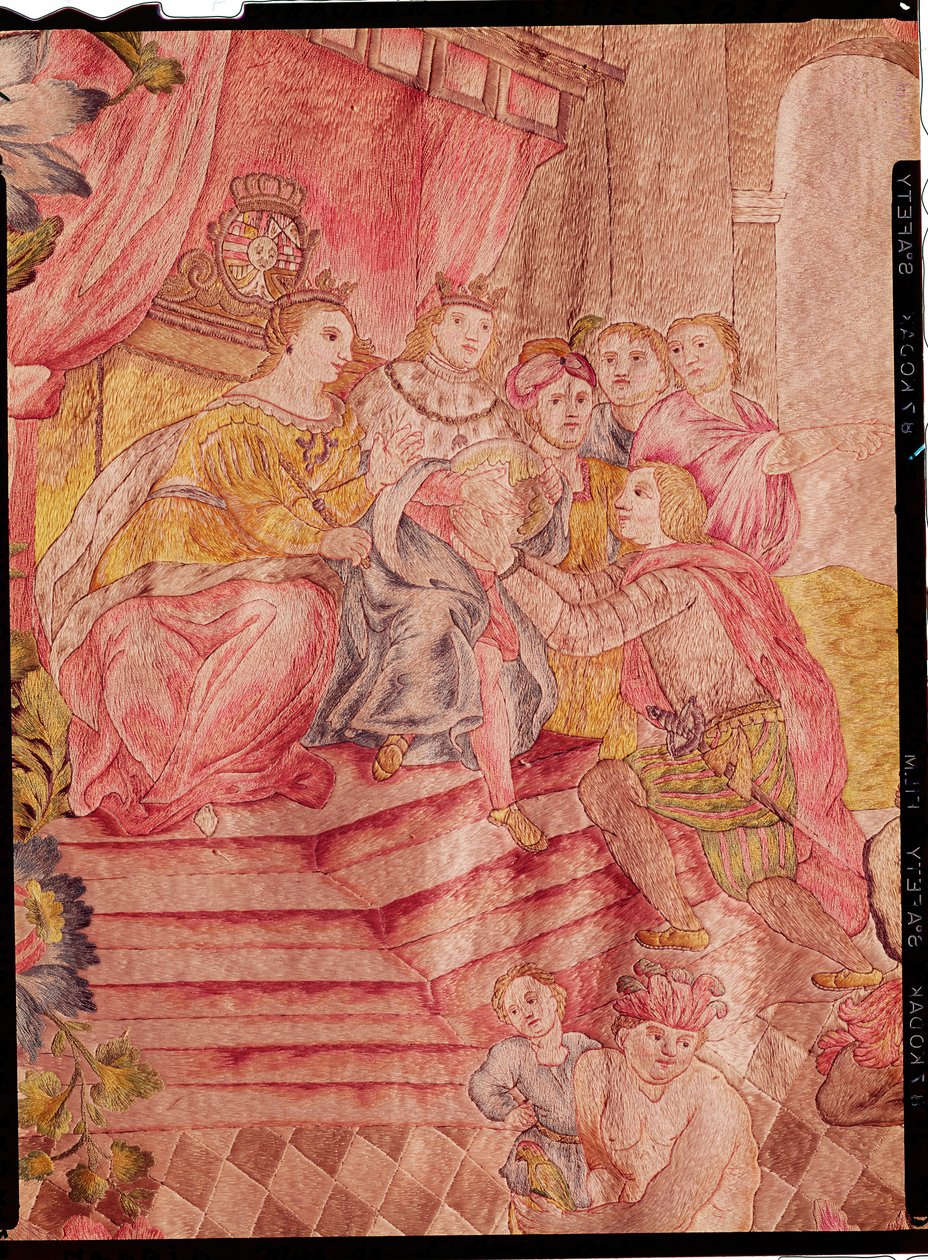 Кристофер Колумб (1450-1506) Арагоны II Фердинандаас (1452-1516) өмнө Америкийг (торгон хатгамал) нээгээд буцаж ирэхдээ autorstwa Spanish School