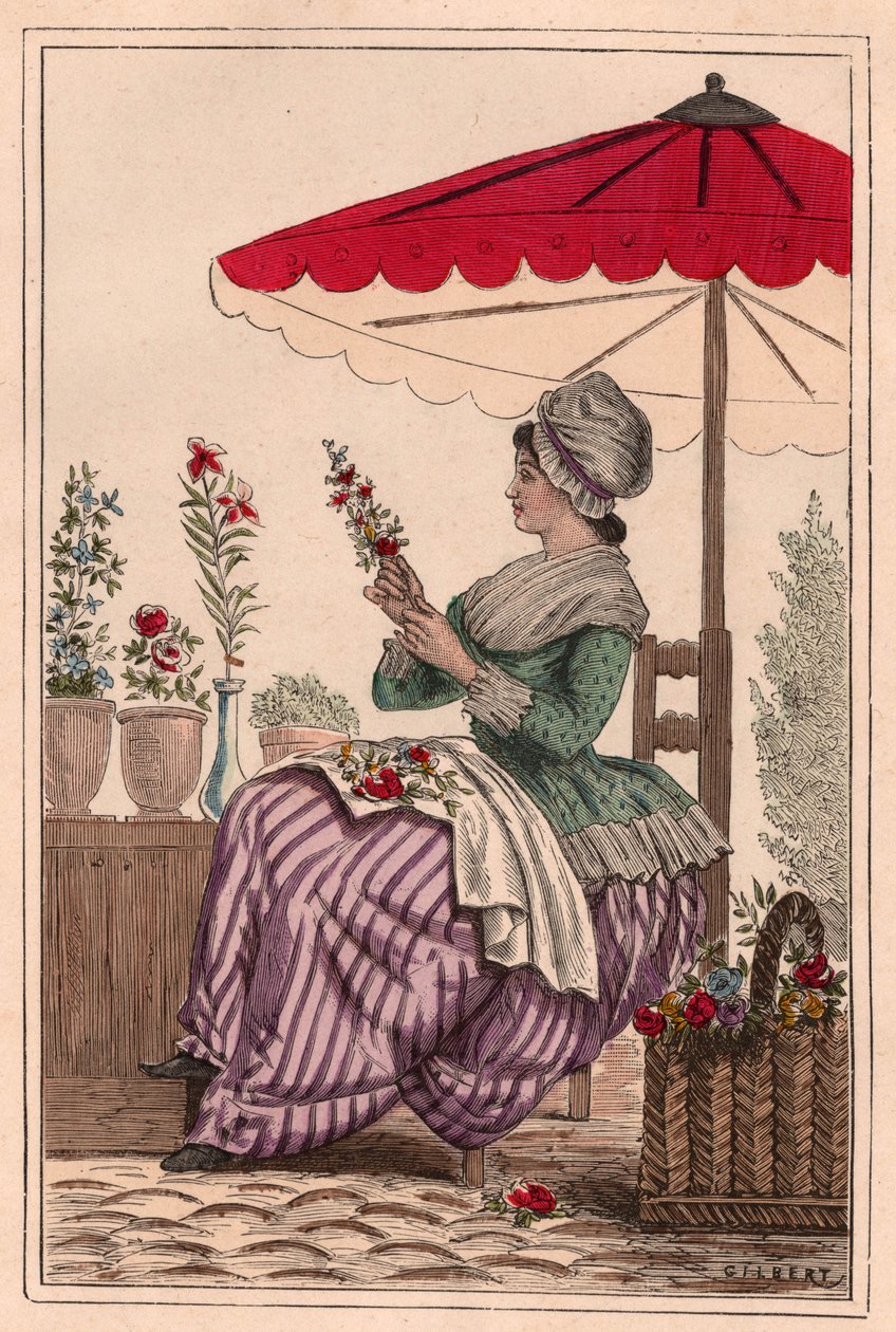 Flower Girl, siedząca pod parasolem, układająca bukiety z czerwonych kwiatów (kolorowe grawerowanie) autorstwa Unknown