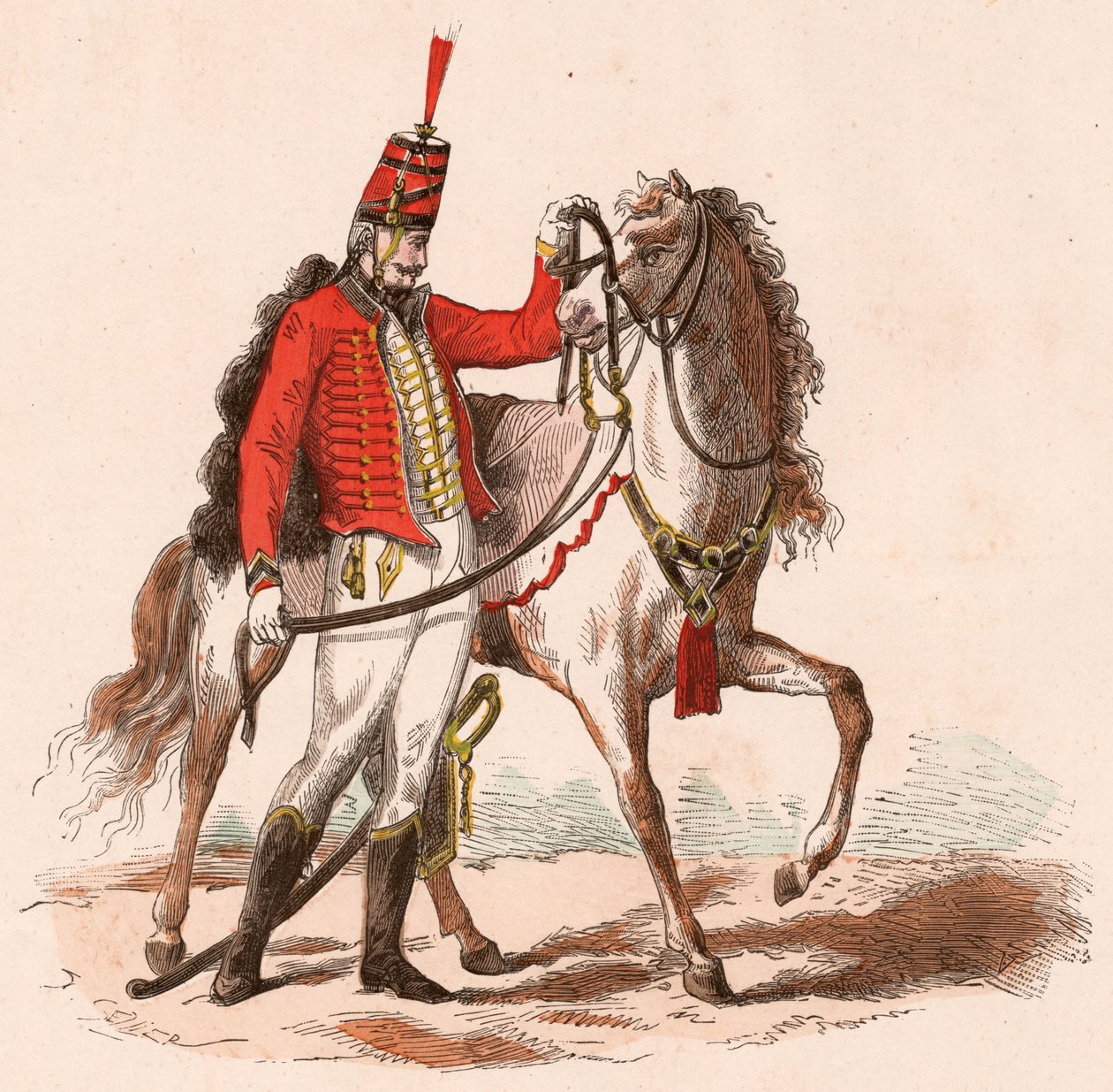 Francuski huzar w mundurze stojący obok konia (kolorowe grawerowanie) autorstwa Unknown