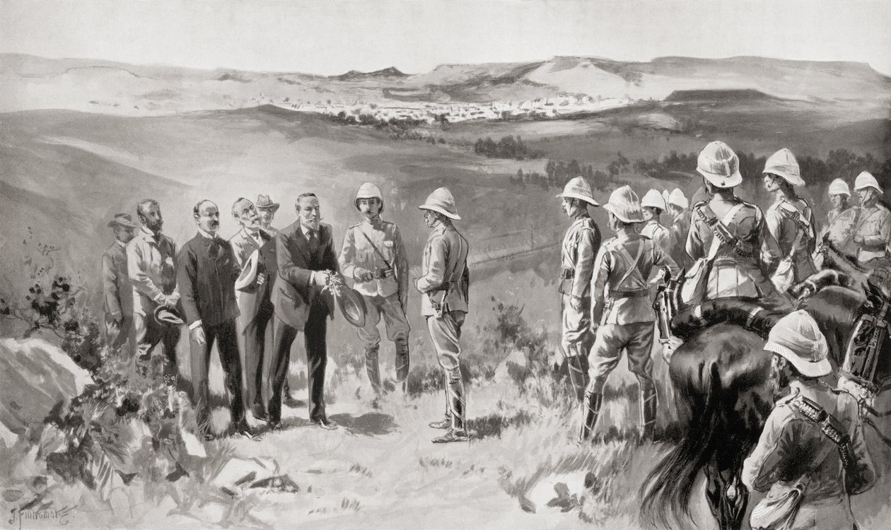 Oficjalne poddanie się Bloefontein Lordowi Robertsowi przez pana Pappenfusa, pana Kellnera i pana Collinsa 14 marca 1900 r., z książki Louisa Creswicke