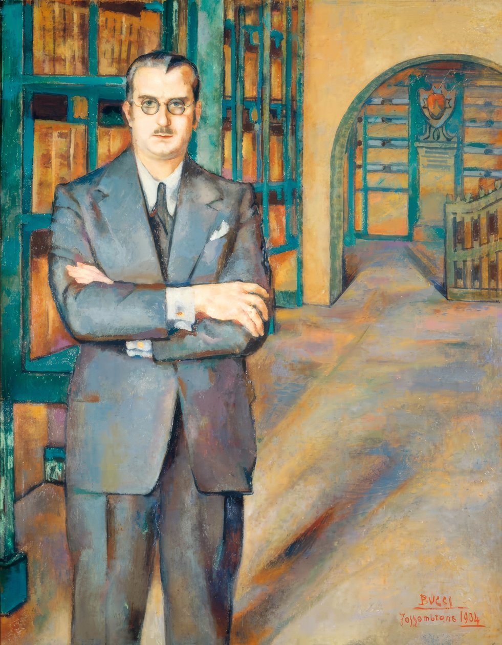 Portret notariusza w garniturze, krawacie i okularach, w swojej bibliotece z półkami pełnymi książek. autorstwa Löscher and Petsch
