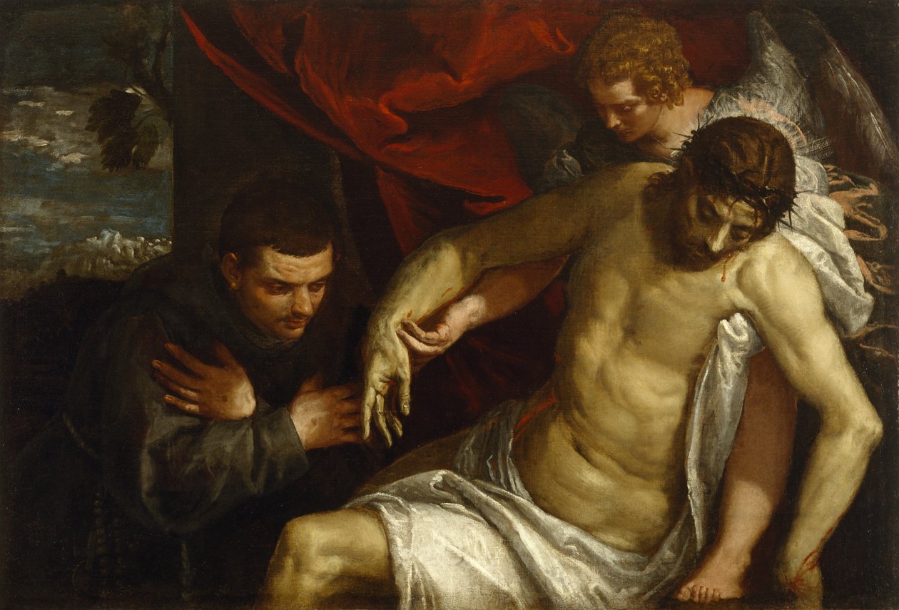 Martwy Chrystus wspierany przez anioła i adorowany przez franciszkanina, ok. 1586-87 autorstwa Paolo Veronese