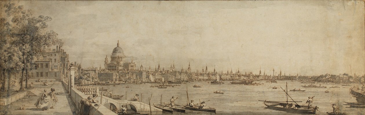 Tamiza i londyńskie City z tarasu Somerset House (pióro i brązowy tusz z szarym praniem na papierze) autorstwa Giovanni Antonio Canal