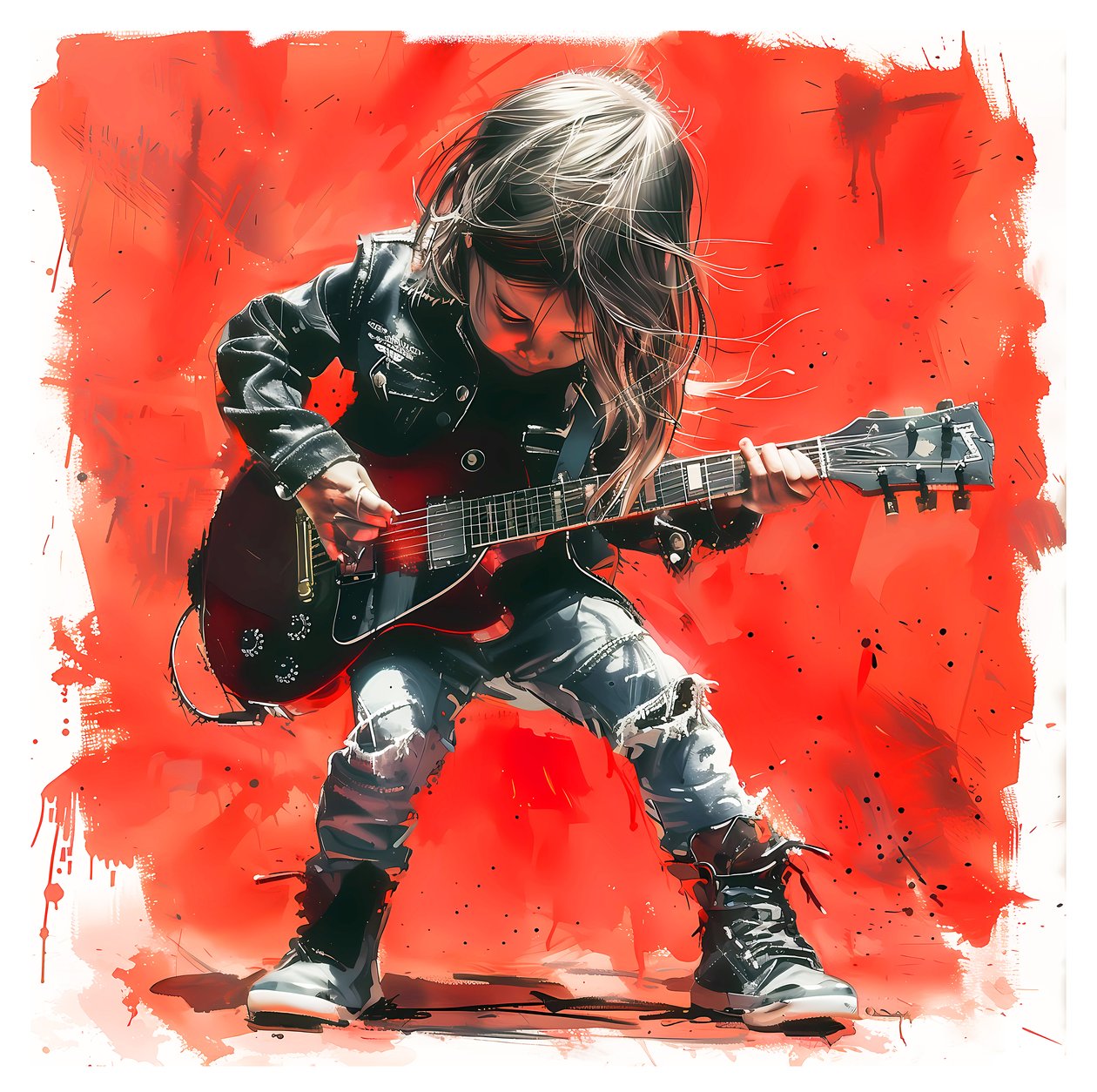 Dziecko gra na rockowej gitarze elektrycznej, obrazy muzyczne na sprzedaż, wydruki na płótnie autorstwa F. Abderrahim