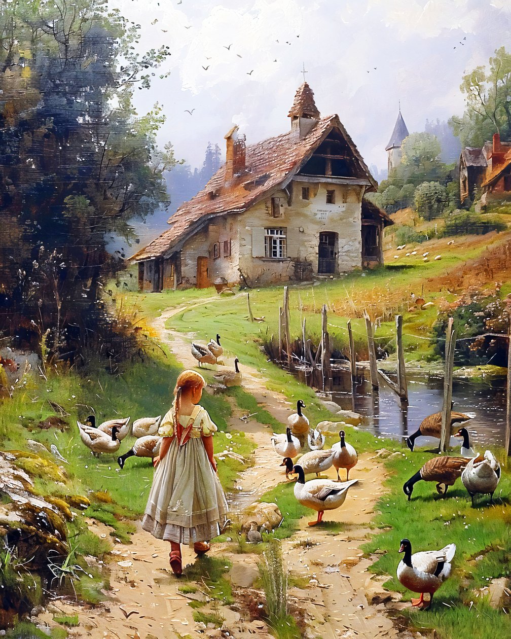 Dziewczynka i drób w starym europejskim pejzażu Berkshire odbitki w stylu Homestead autorstwa F. Abderrahim