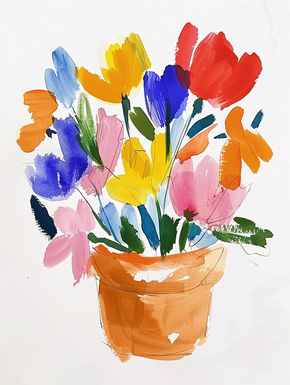 Kolorowe akwarelowe kwiaty w wazonie | botaniczne grafiki ścienne autorstwa F. Abderrahim